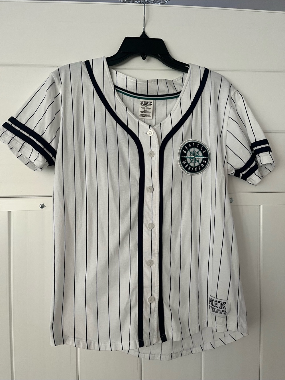 PINK Victoria's Secret White Pinstripe Seattle Mariners Button-Up Jersey